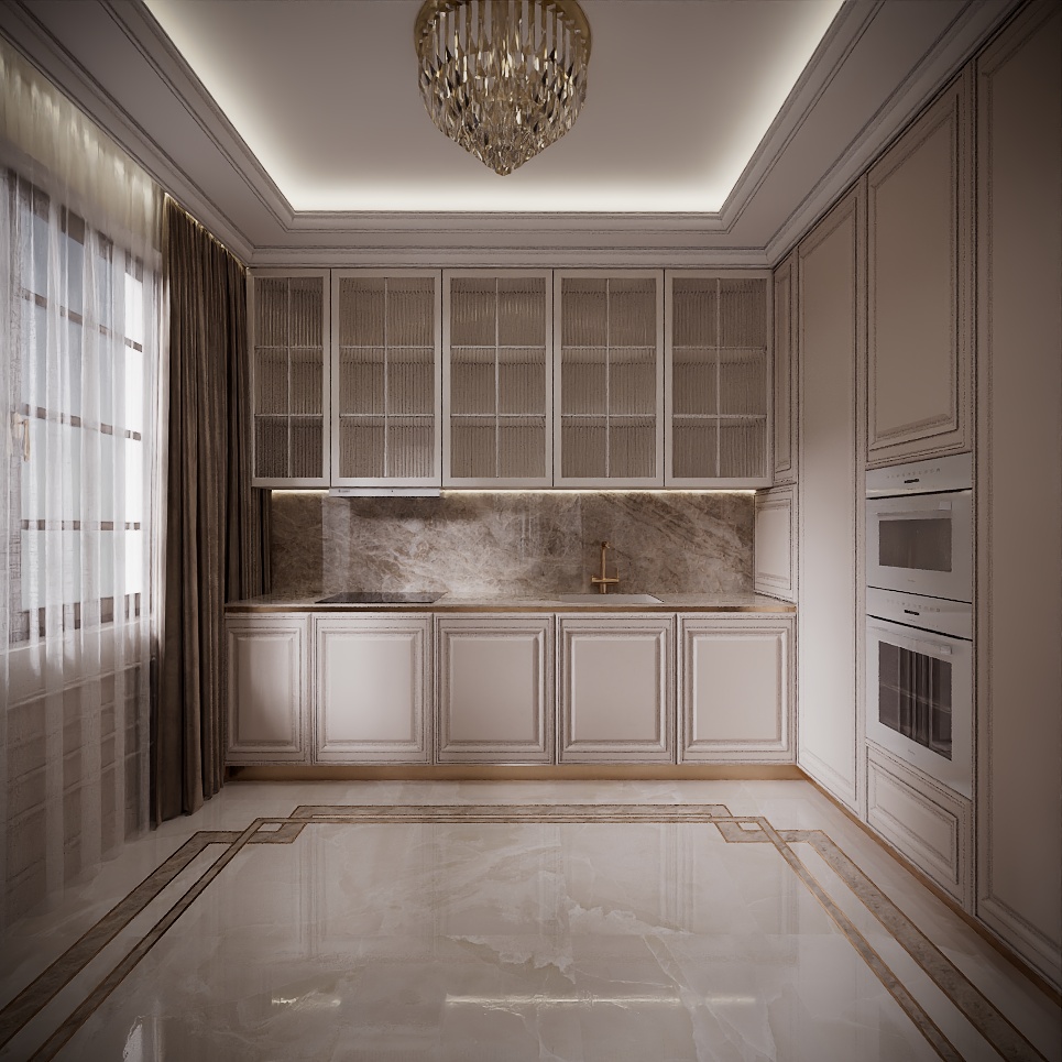 Modern Classic Luxury Villa design interior – bucătărie cu uși de sticlă canelată și backsplash din marmură, design interior premium Constanța