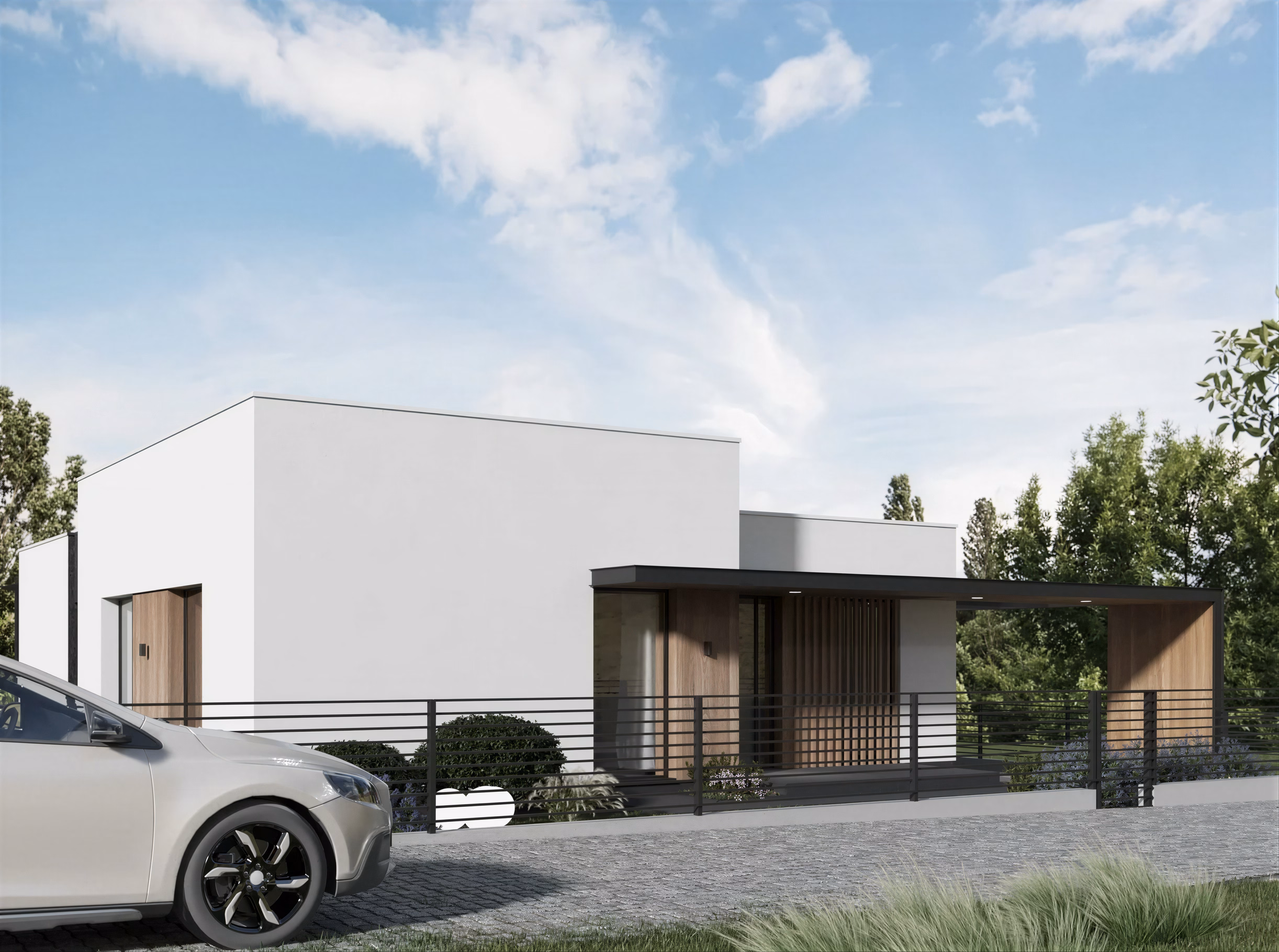 NM Contemporary House arhitectură – integrare în peisaj natural cu copaci și vegetație, arhitectură casa, arhitectură vila