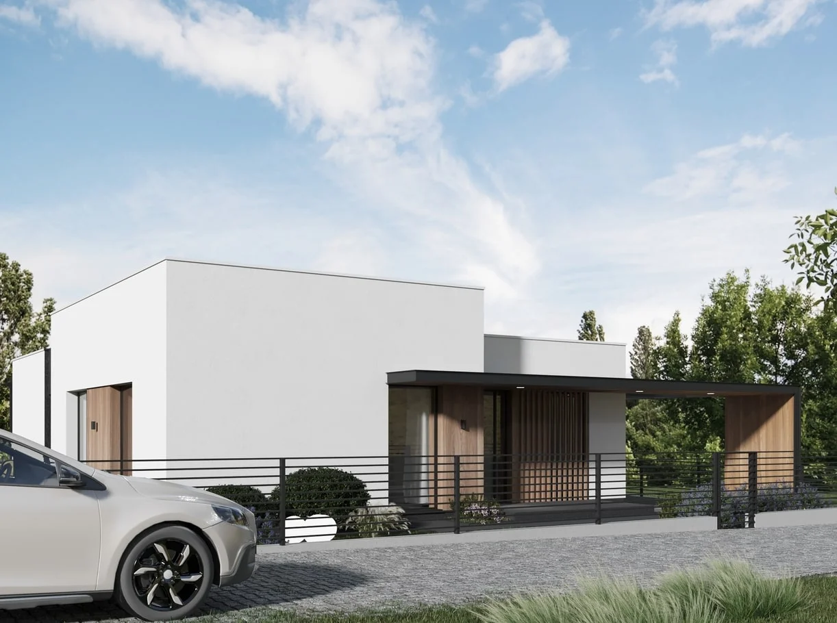 NM Contemporary House arhitectură – integrare în peisaj natural cu copaci și vegetație