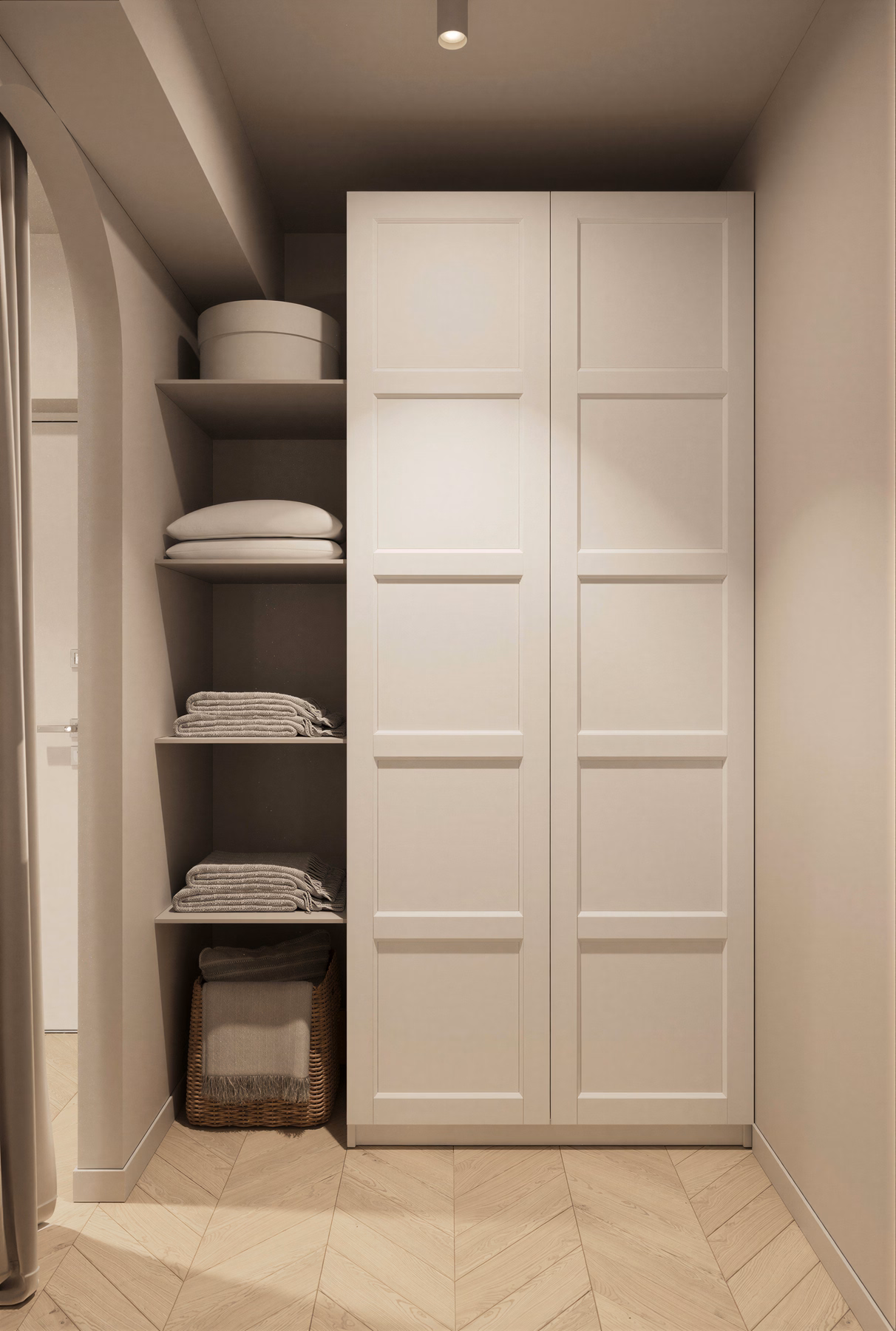 Serenity Wabi Apartment design interior București – detaliu iluminat cald, design interior wabi-sabi