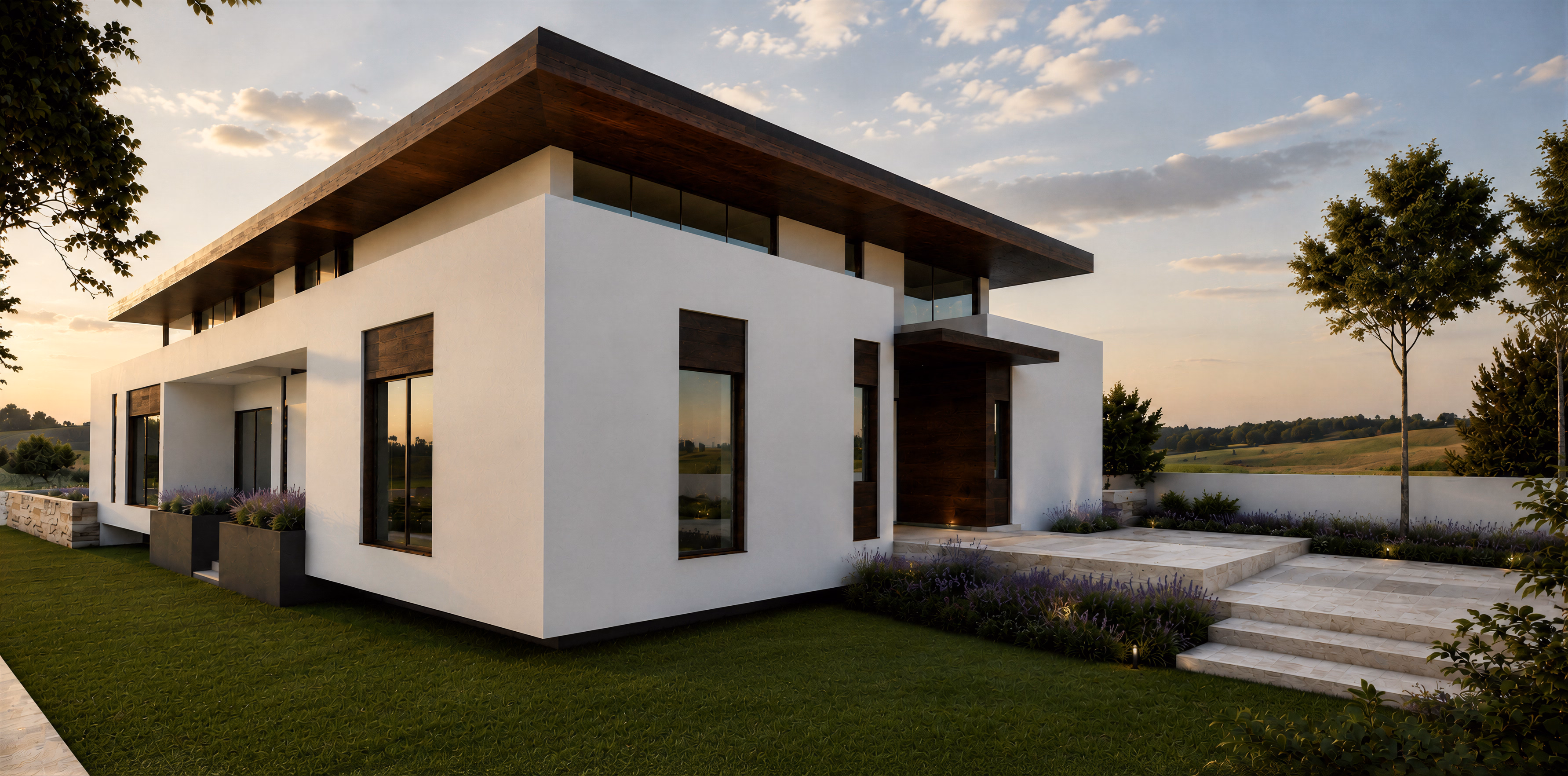 Snagov Lake House arhitectură – vedere noapte cu iluminat arhitectural, arhitectură casa, arhitectură vila