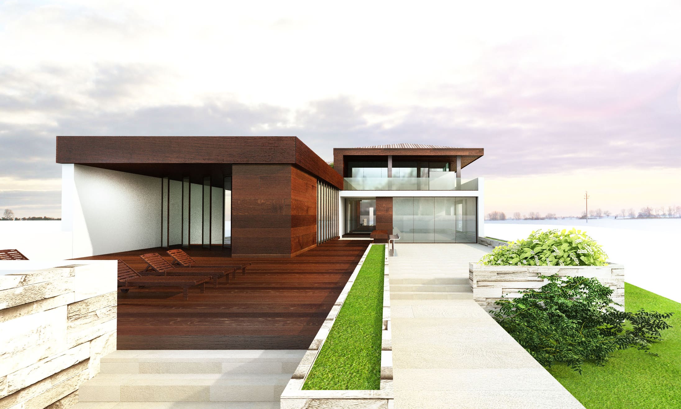 Snagov Lake House arhitectură – vedere noapte cu iluminat arhitectural