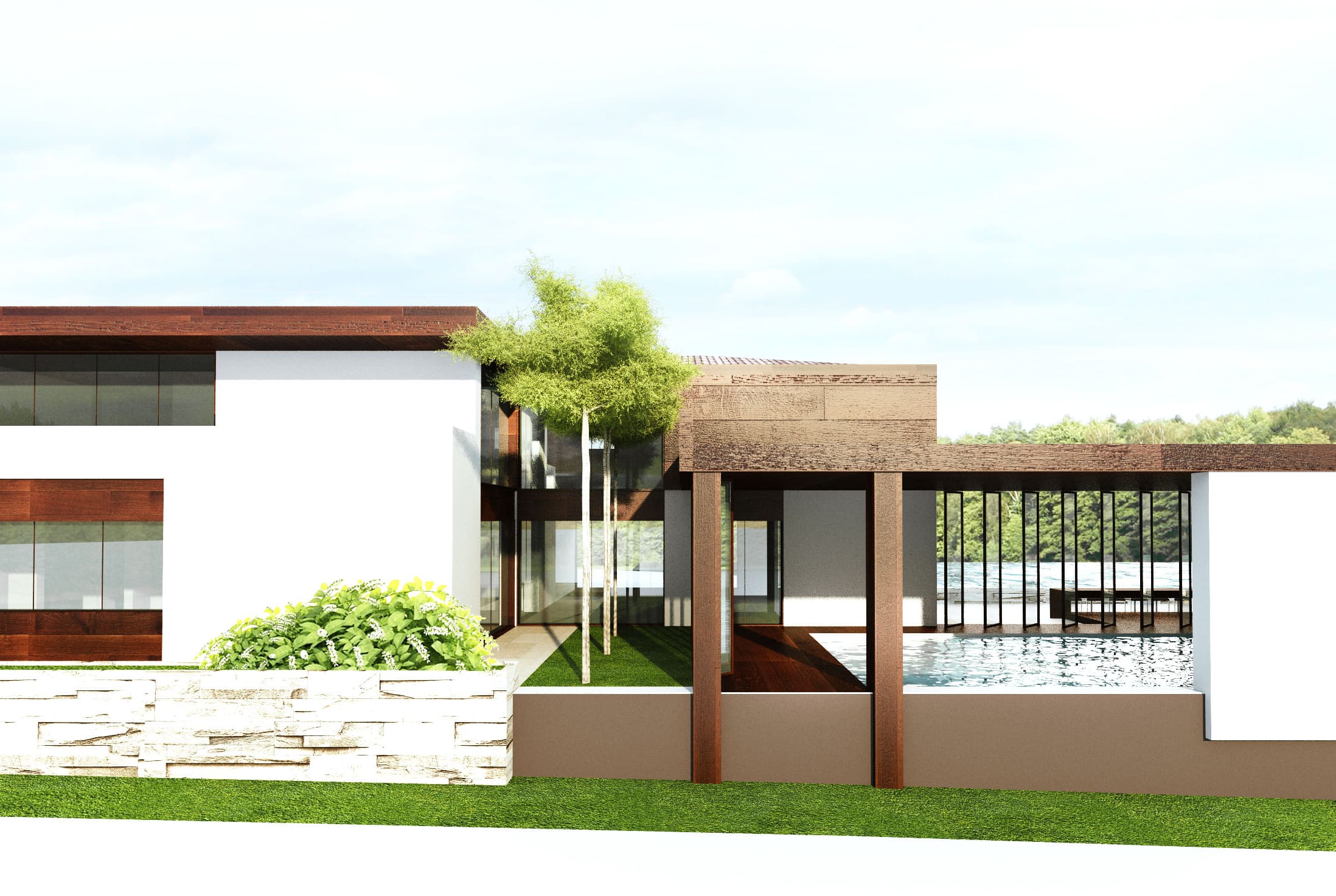 Snagov Lake House arhitectură – vedere panoramică lac și casă