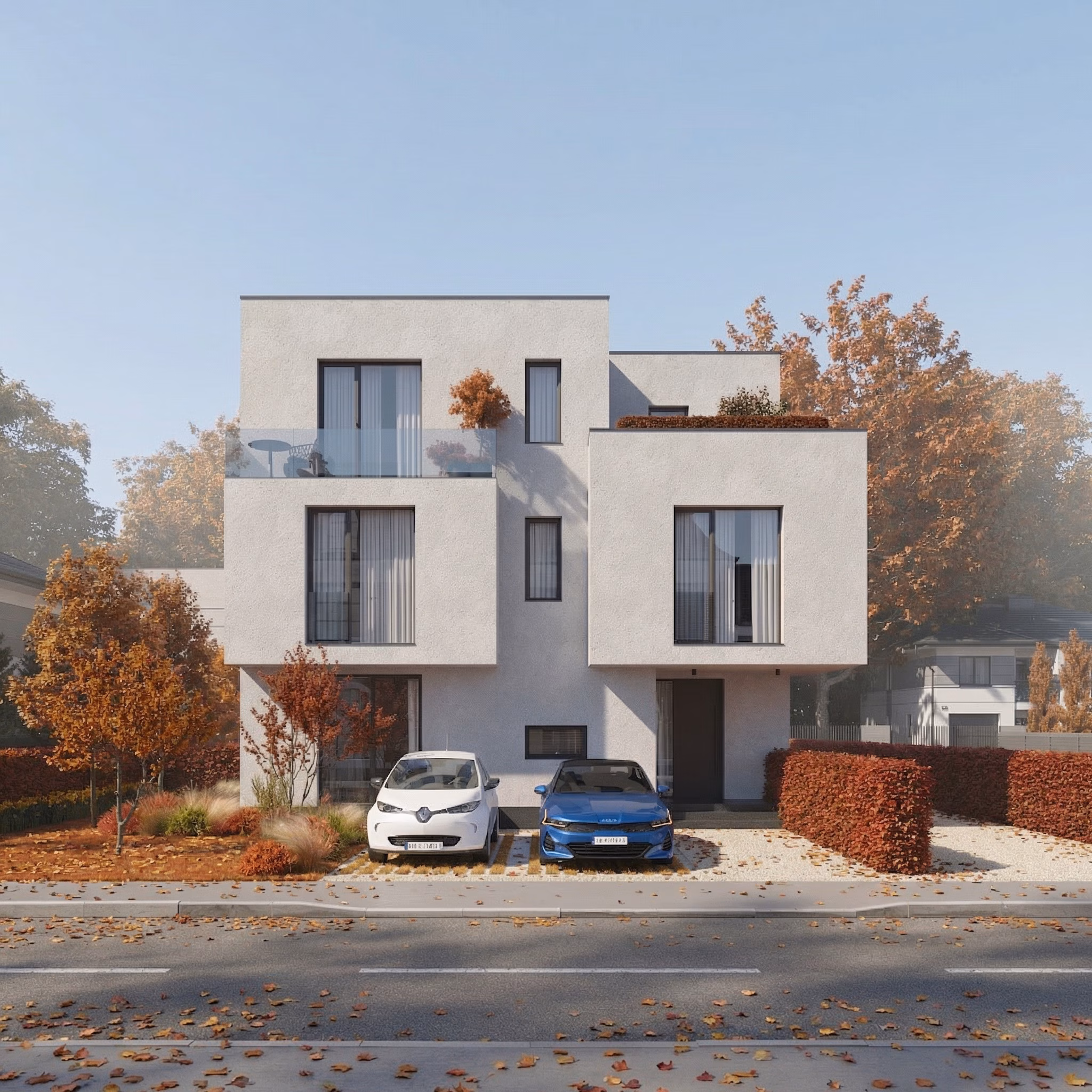Twin Volume Residence arhitectură – vedere laterală vile cuplate, arhitectură modernă minimalistă Bragadiru