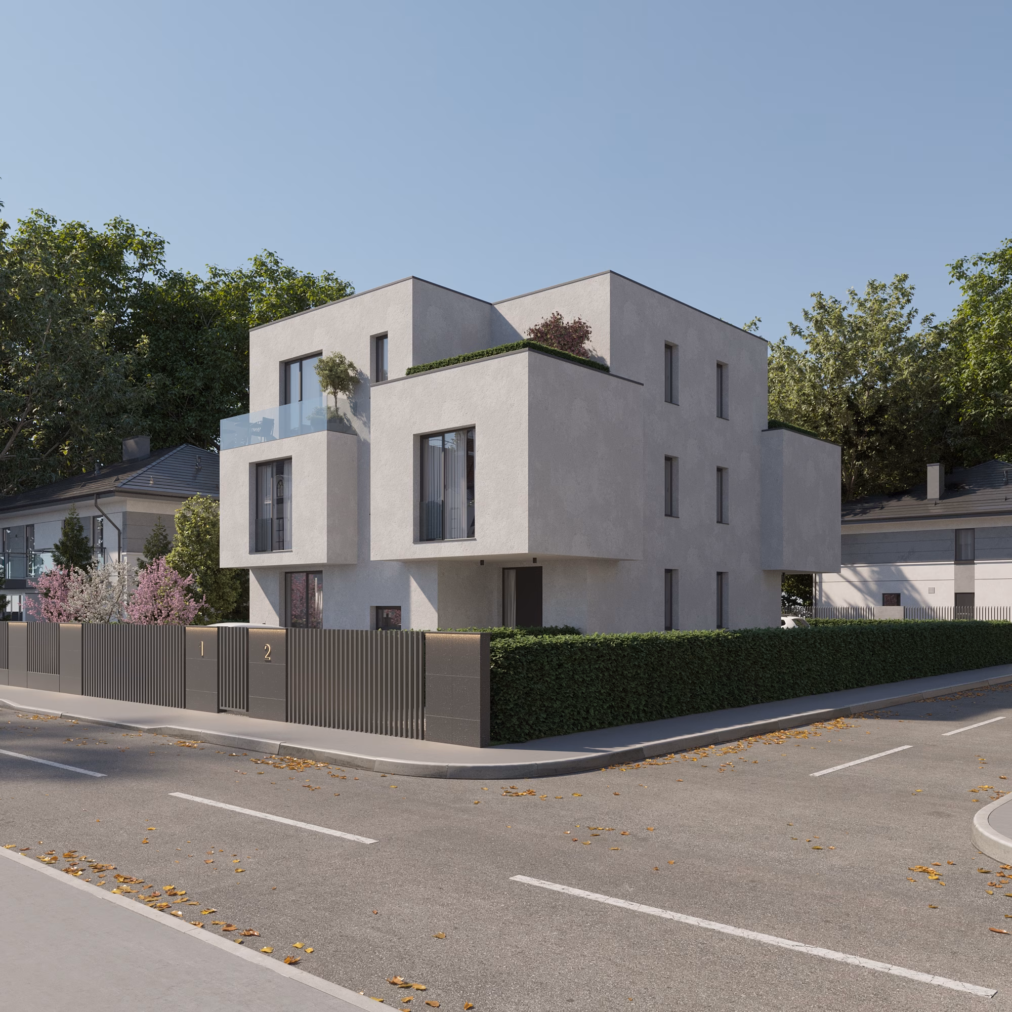 Twin Volume Residence arhitectură – detaliu fațadă și acces, arhitectură modernă minimalistă Bragadiru