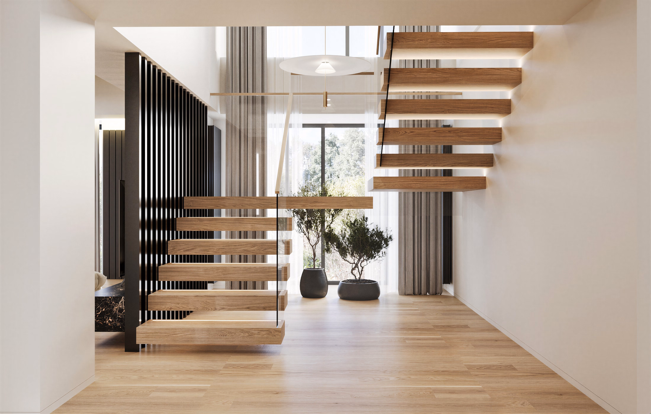 Unirii Sculpted Duplex design interior premium București – living cu scară sculptată, design interior minimalist, design interior modern