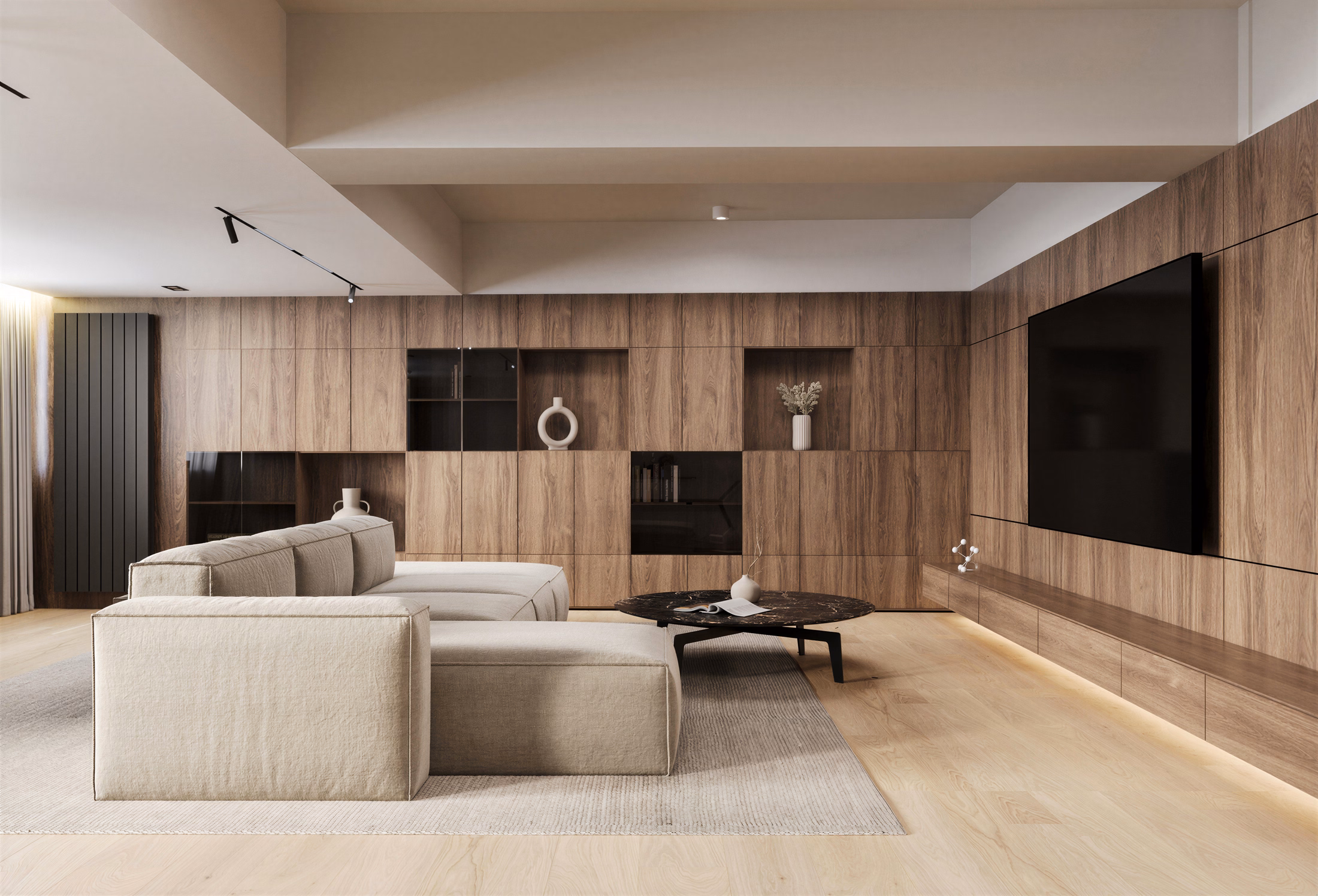 Unirii Sculpted Duplex design interior premium București – texturi calde și contraste, design interior minimalist, design interior modern
