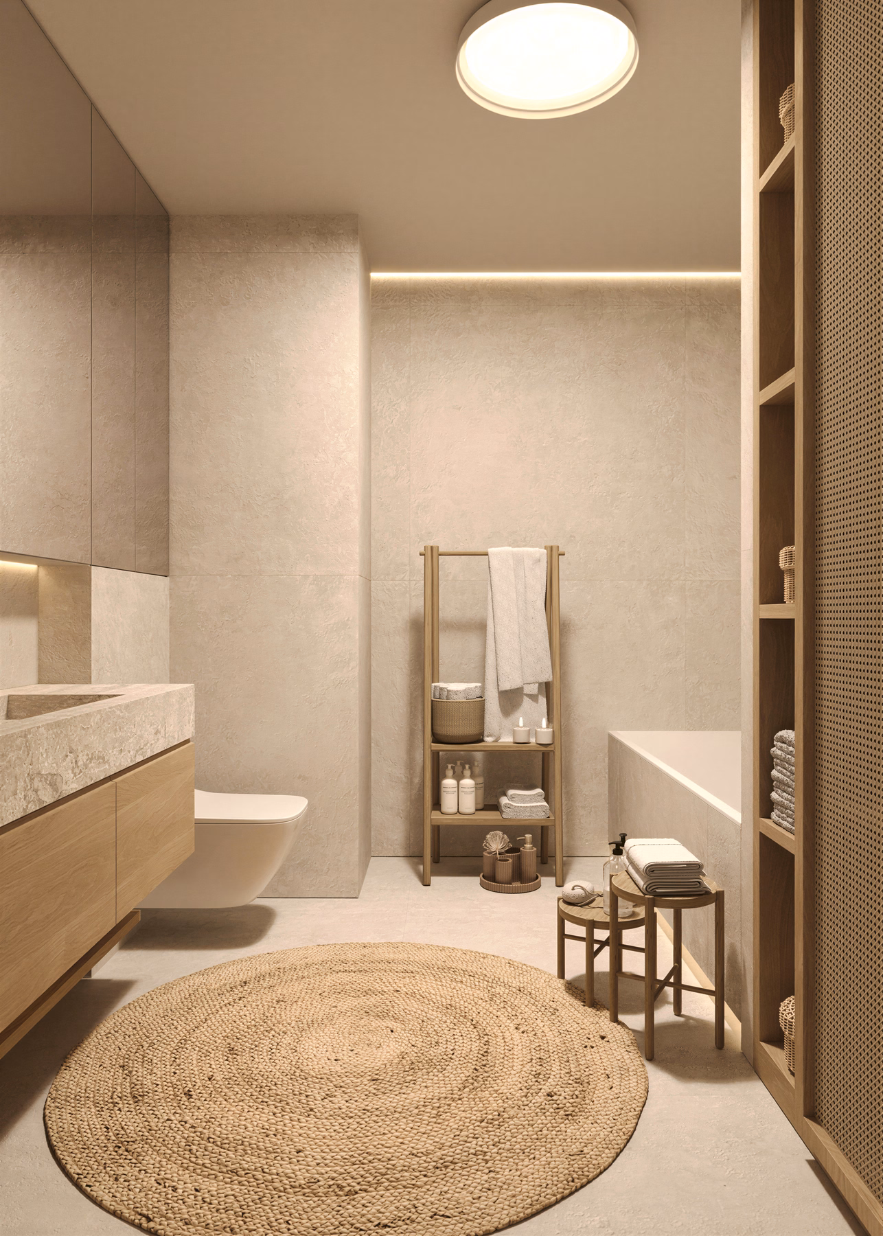 Wabi-Sabi Lake Penthouse design interior premium București – vedere finală zi, design interior premium, design interior wabi-sabi