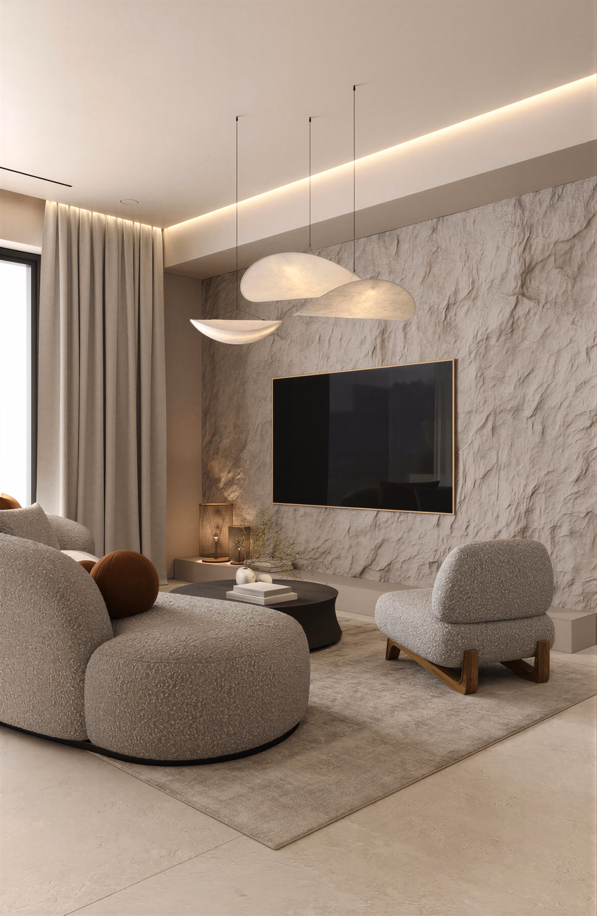 Wabi-Sabi Lake Penthouse design interior premium București – forme sculpturale Japandi, design interior premium, design interior wabi-sabi