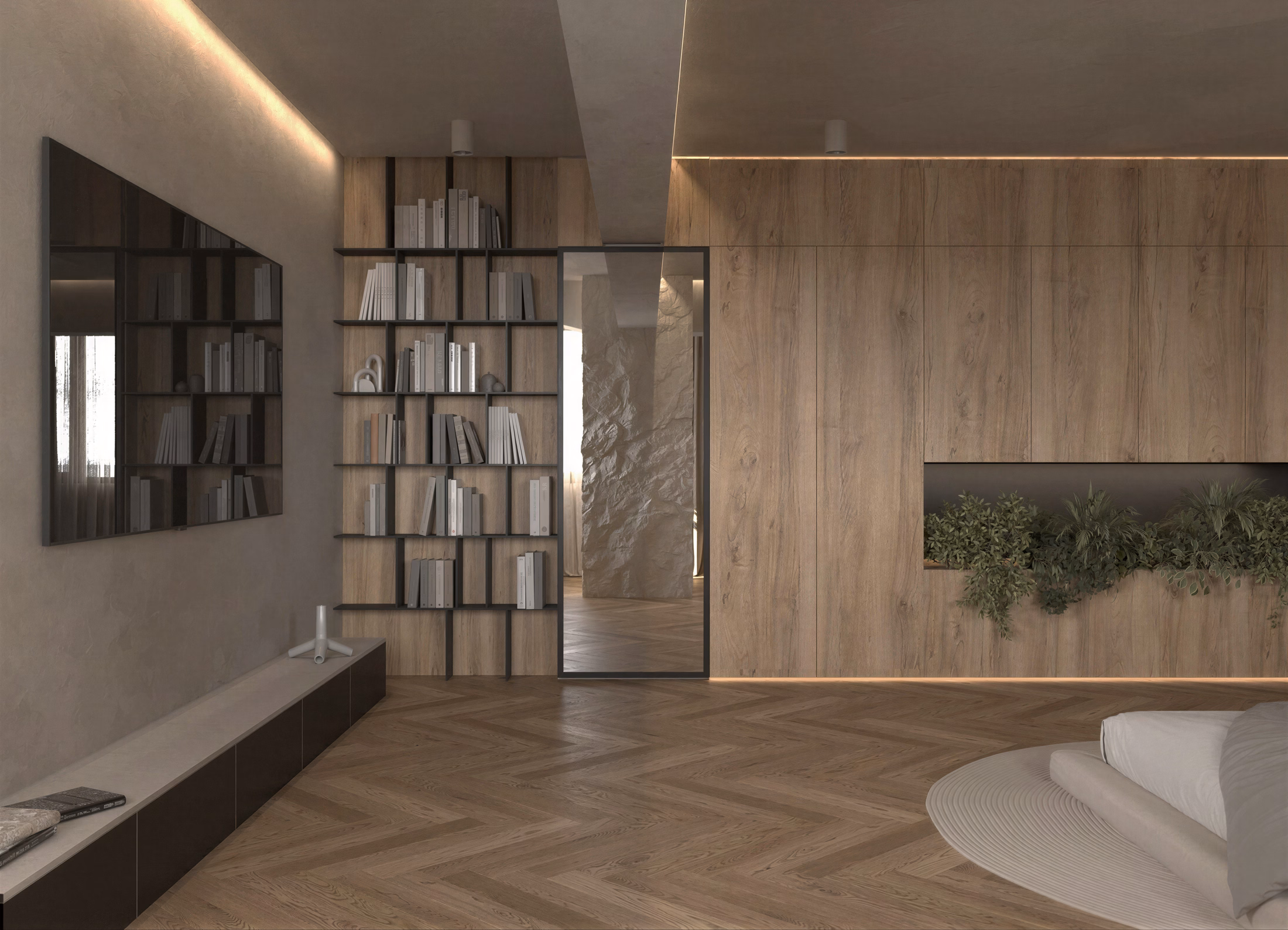 Wabi-Sabi Penthouse design interior premium București – baie cu finisaje naturale, design interior wabi-sabi
