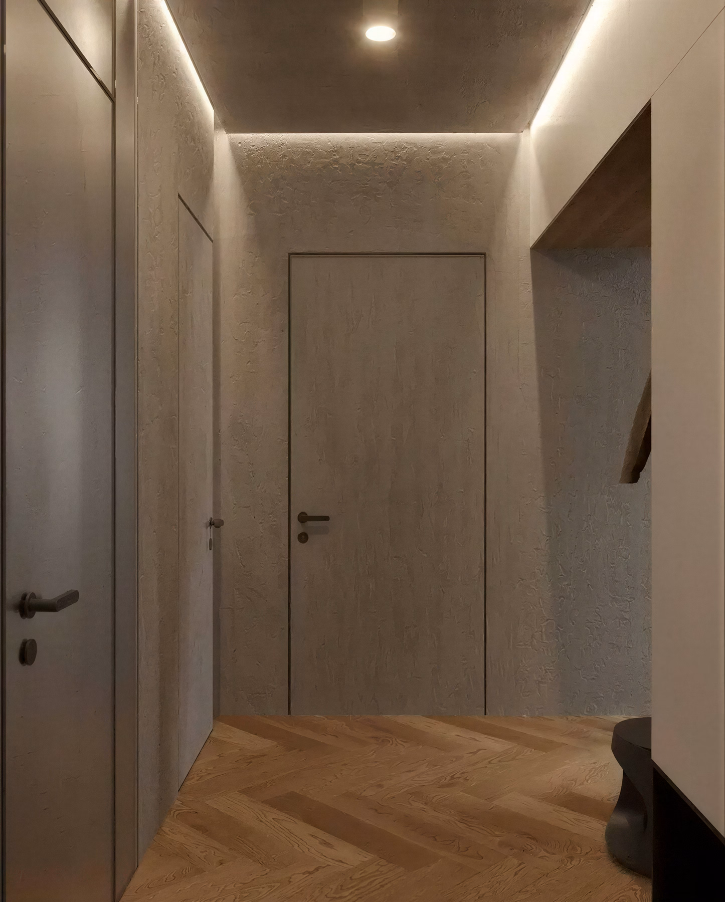 Wabi-Sabi Penthouse design interior premium București – detaliu tencuială gri granulată, design interior wabi-sabi