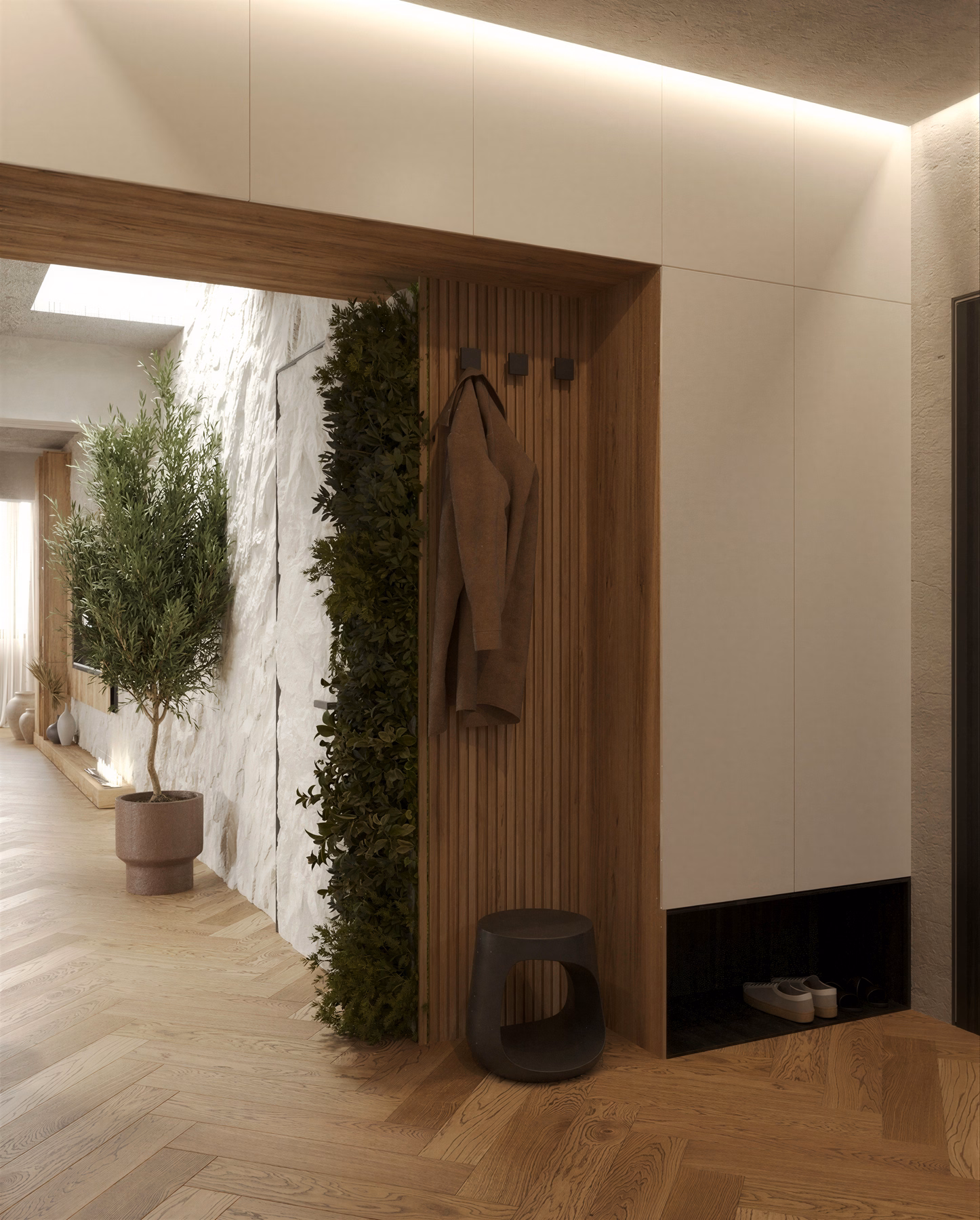 Wabi-Sabi Penthouse design interior premium București – dressing și hol intrare, design interior wabi-sabi