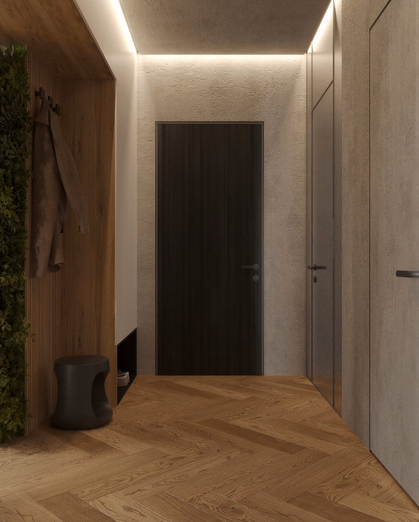 Wabi-Sabi Penthouse design interior premium București – bucătărie deschisă cu insule, design interior wabi-sabi