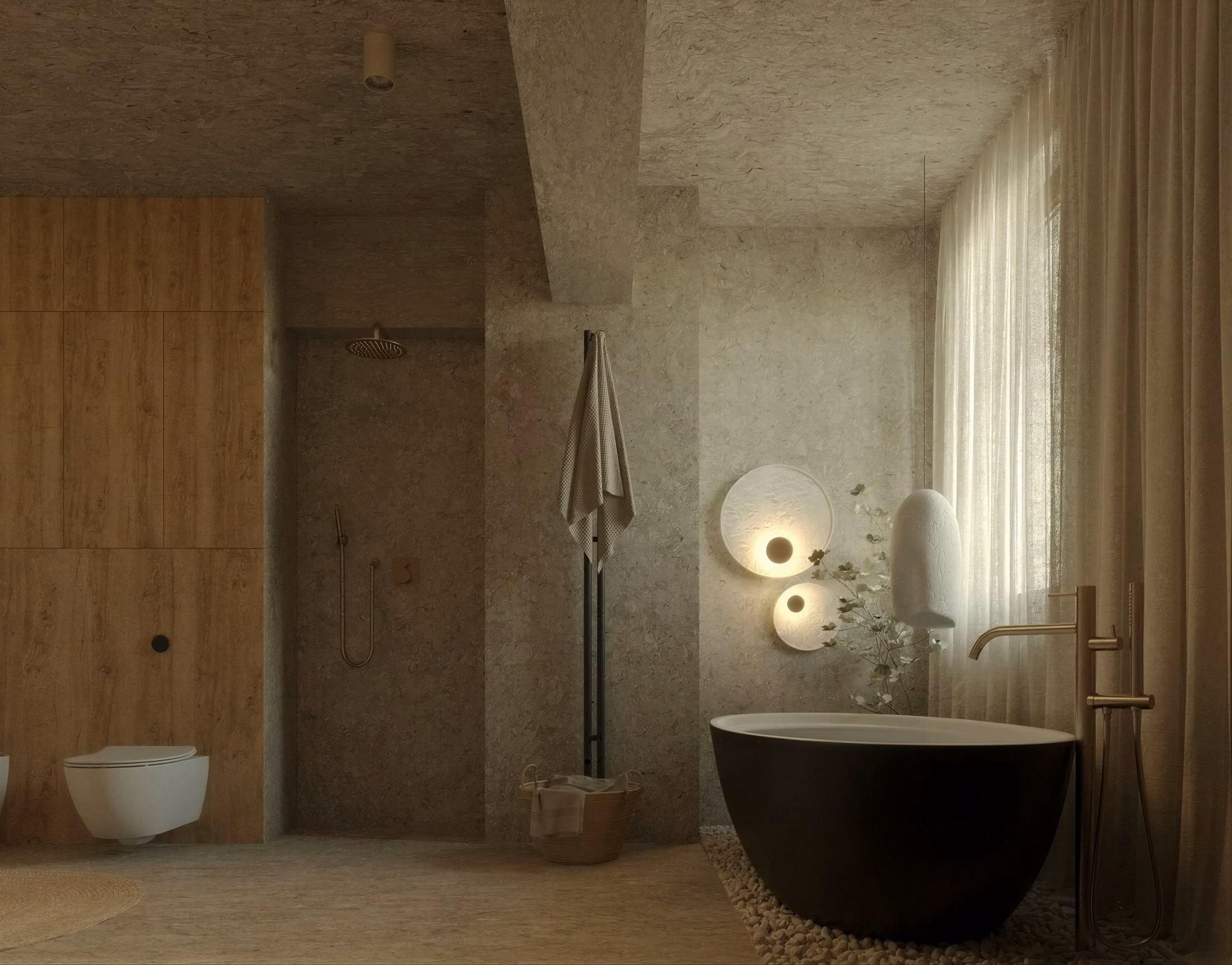 Wabi-Sabi Penthouse design interior premium București – detaliu element structural îmbrăcat, design interior wabi-sabi