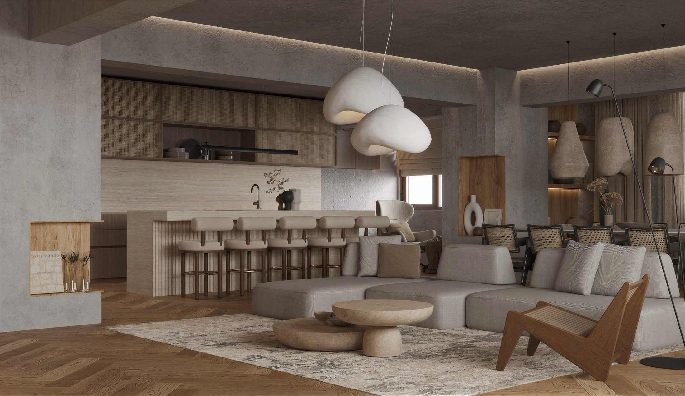 Wabi-Sabi Penthouse design interior premium București – contrast stejar negru și ratan, design interior wabi-sabi