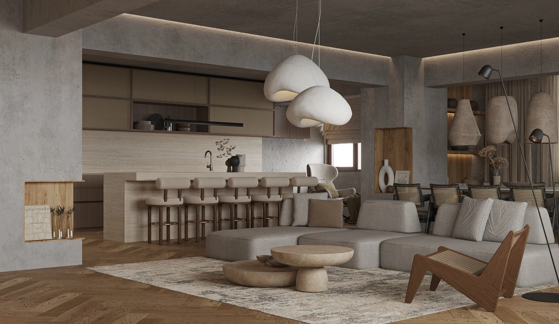 Wabi-Sabi Penthouse design interior – contrast stejar negru și ratan
