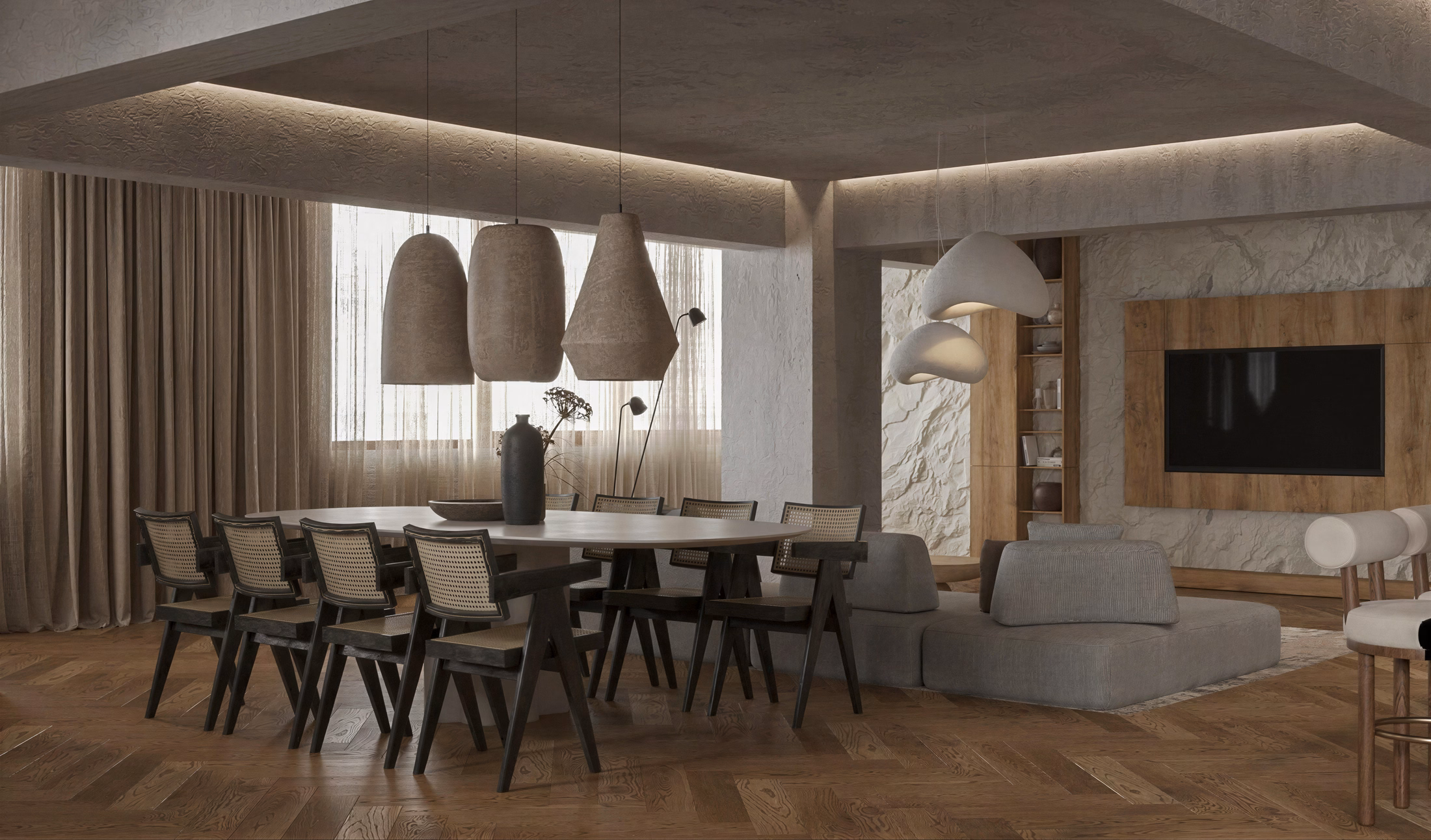 Wabi-Sabi Penthouse design interior premium București – mobilier nuc neted și draperii catifea, design interior wabi-sabi