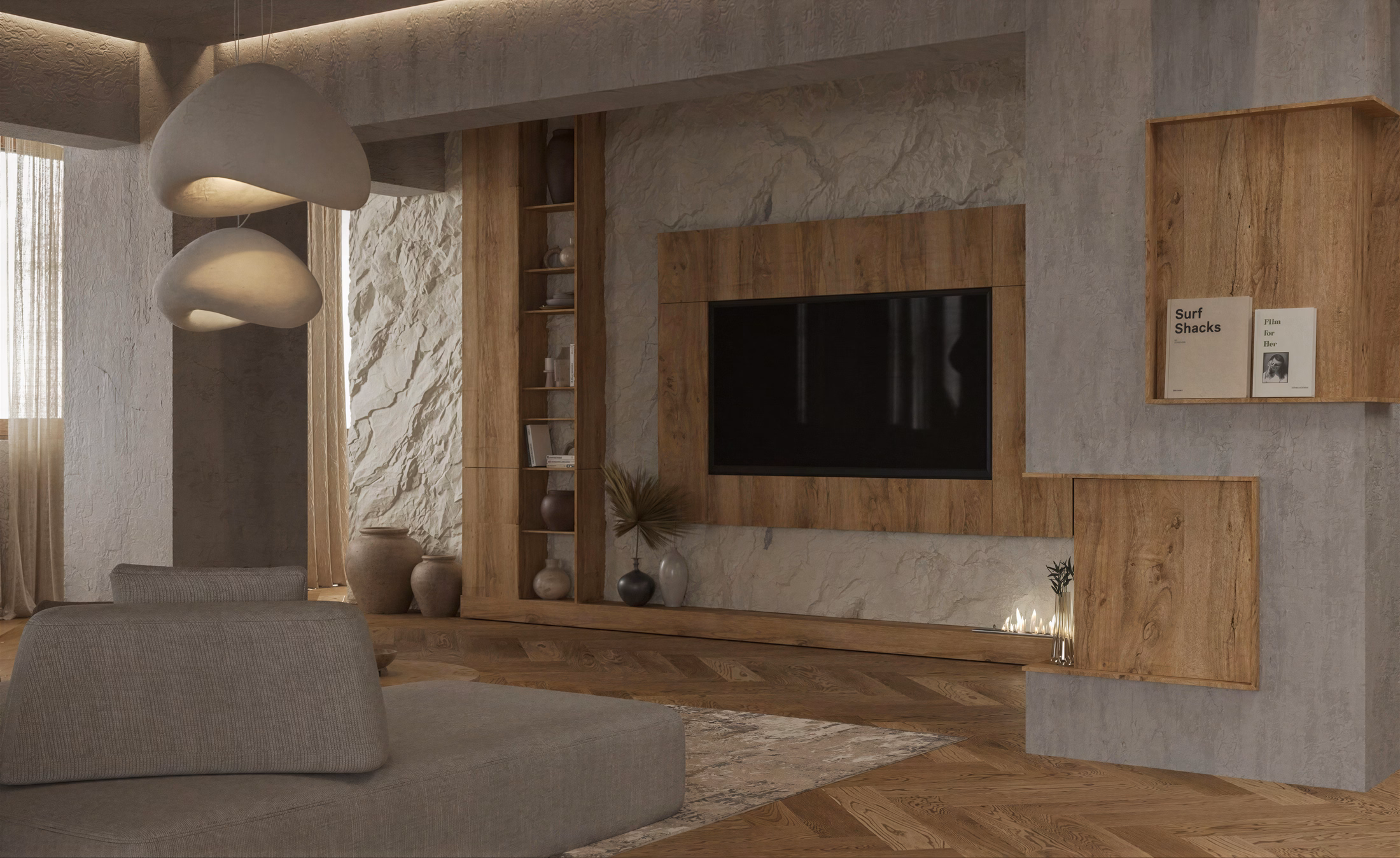 Wabi-Sabi Penthouse design interior premium București – iluminat ambiental benzi LED ascunse în tavan, design interior wabi-sabi