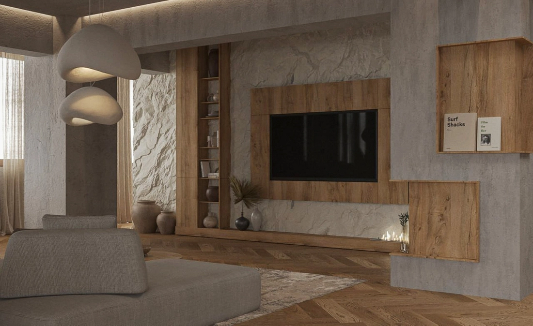 Wabi-Sabi Penthouse design interior – iluminat ambiental benzi LED ascunse în tavan