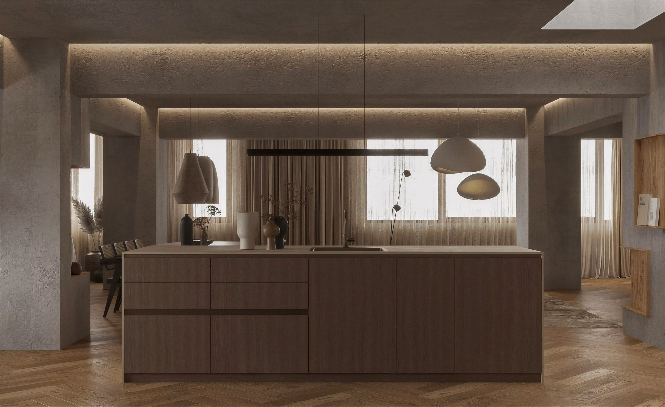 Wabi-Sabi Penthouse design interior premium București – perete de stâncă calcar cu luminator, design interior wabi-sabi