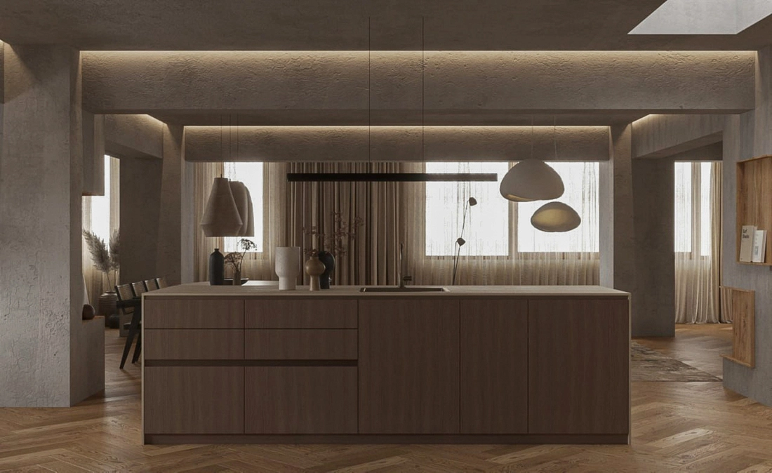 Wabi-Sabi Penthouse design interior – perete de stâncă calcar cu luminator