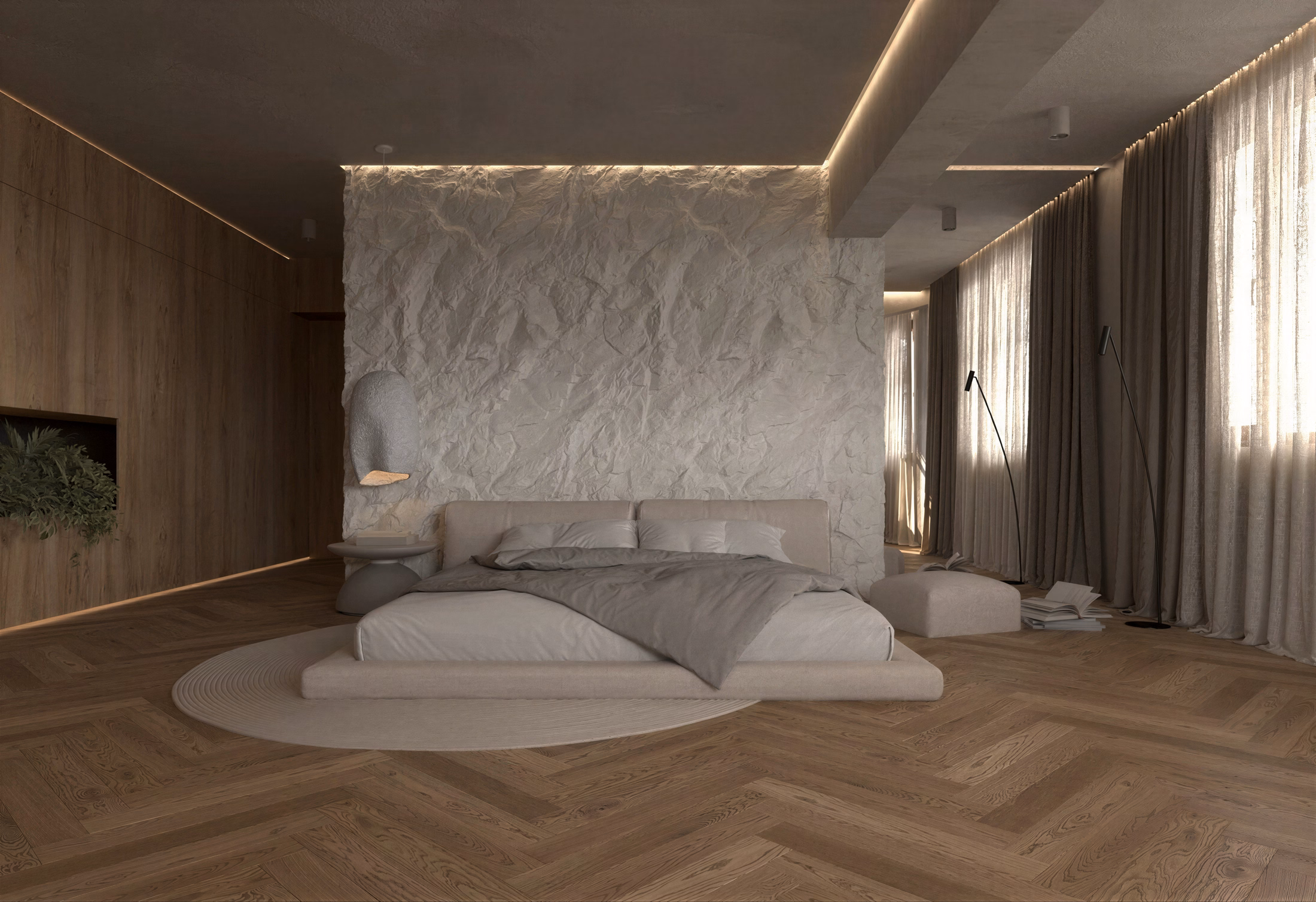 Wabi-Sabi Penthouse design interior premium București – dormitor principal cu texturi contrastante, design interior wabi-sabi